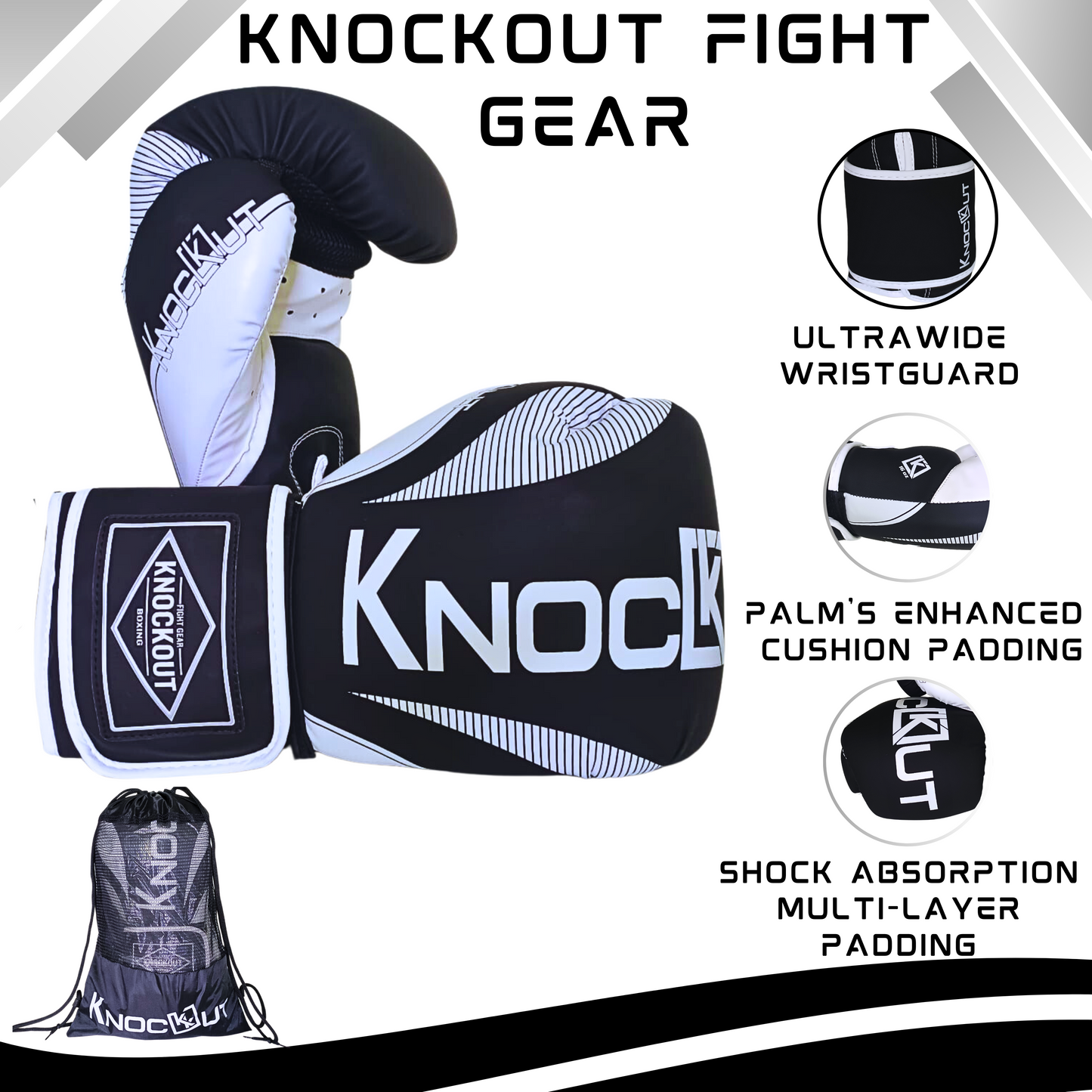 Knockout Elite Boxing Gloves with Hand Wraps and Mouth Guard for Men, Women Muay Thai, Kickboxing, Youth Heavy Bag Workouts, and Home Gym Training